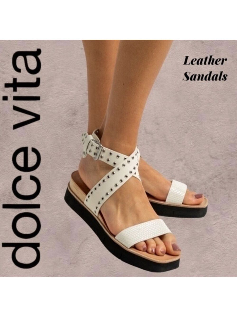 DOLCE VITA White Panko Leather Croc-Embossed Grommet Platform Sandals